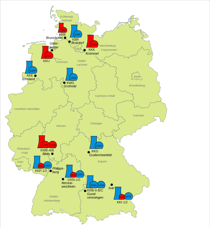 Odstavené (červeně) a provozované (modře) jaderné reaktory v Německu. Autor: Lencer