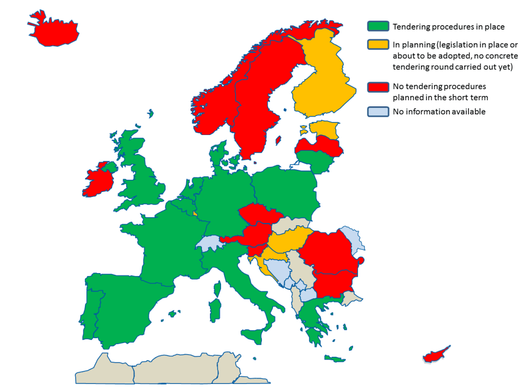 Současný stav (ke konci roku 2017) v oblasti aukčních mechanismů pro podporované zdroje v Evropě. Zdroj: CEER