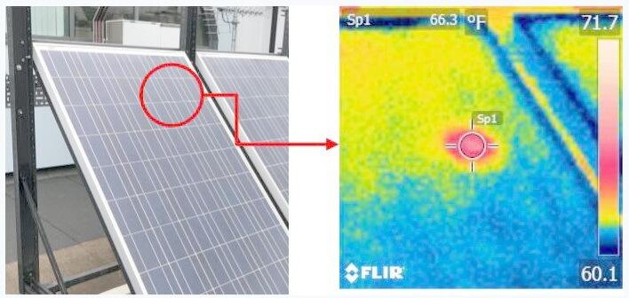 Horká místa na fotovoltaických panelech nejsou běžně viditelná. Jejich přítomnost může snadno odhalit termokamera. Zdroj: www.hud.ac.uk