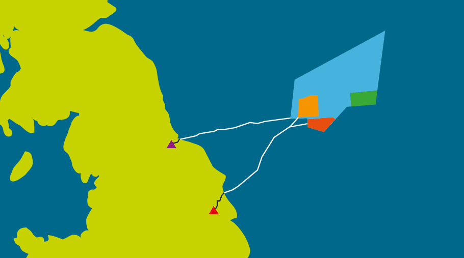 Lokalita elektrárny Dogger Bank (A - červená, B - oranžová, C - zelená) 